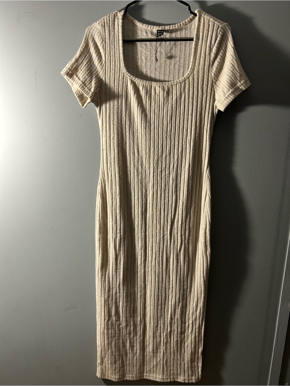 SHEIN Cream Ribbed Short Sleeve Midi Knit Dress